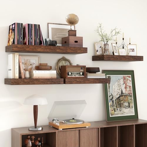 FLYJOE Deep Floating Shelves, 24'' x 12'' Brown Shelves for Wall Set of 2