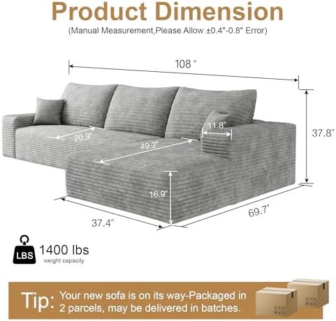 96" Sectional Couches for Living Room Cloud Couch Sofa with L-Shape Upholstered Boneless Couchs Modern Modular Sectional Couch with Chaise (Light Grey, 108" L Shaped with Right Facing Chaise)