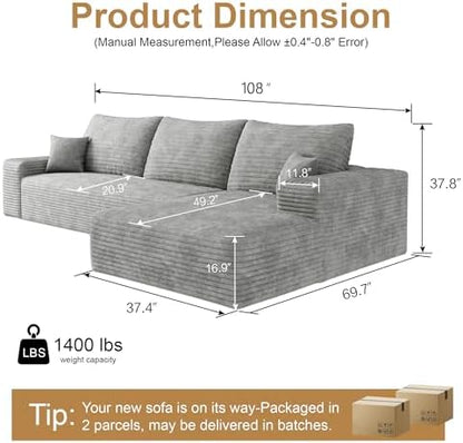 96" Sectional Couches for Living Room Cloud Couch Sofa with L-Shape Upholstered Boneless Couchs Modern Modular Sectional Couch with Chaise (Light Grey, 108" L Shaped with Right Facing Chaise)