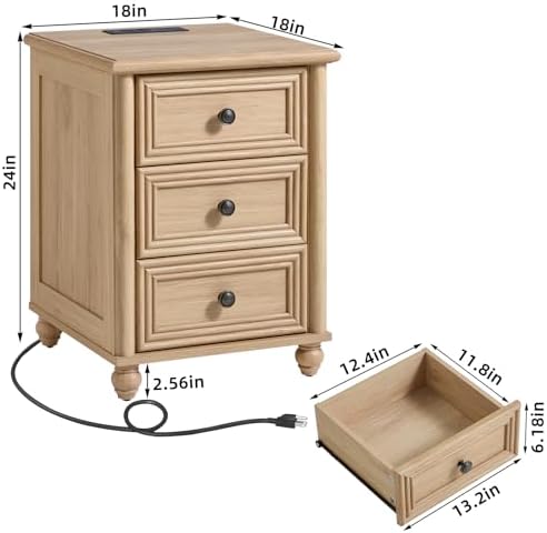 RWYHG 18" Night Stand with Charger Station, Nightstand with 3 Drawers