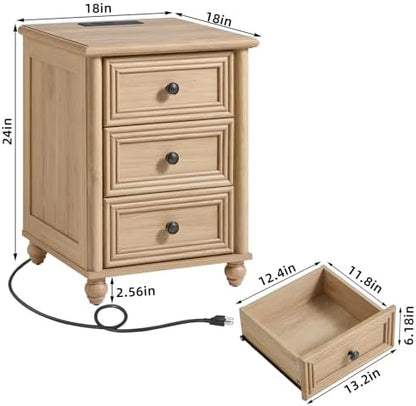 RWYHG 18" Night Stand with Charger Station, Nightstand with 3 Drawers