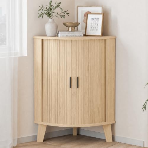 Corner Cabinet with Sliding Door and Storage, Small Bathroom Cabinet for Living Room, Kitchen, Corner Shelf Display Hutch Furniture, Oak