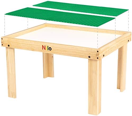 NILO Kids Play Table Set with 2 Compatible Lego Duplo Detachable Two-Sided Baseplates/Boards/Mats (N34 Activity Table Without Holes, 24x32x20 and 2X Green Base Plates 12x32)