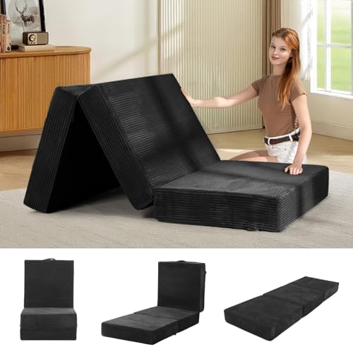 6-Inch Tri-Fold Mattress Single Size - Foldable Futon Sofa Bed with Removable Washable Cover, Folding Memory Foam Futon Mattress | Non-Slip Bottom & Carry Handles for Guest, Camping, Dorm