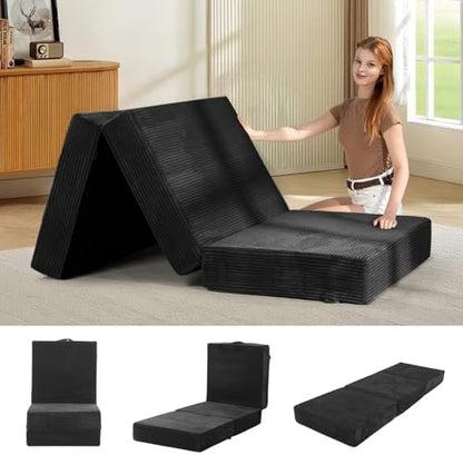 6-Inch Tri-Fold Mattress Single Size - Foldable Futon Sofa Bed with Removable Washable Cover, Folding Memory Foam Futon Mattress | Non-Slip Bottom & Carry Handles for Guest, Camping, Dorm