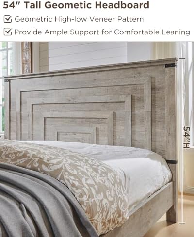 T4TREAM 54" Tall Farmhouse Queen Size Bed Frame, Light Rustic Oak