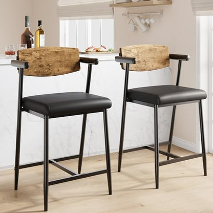 IDEALHOUSE Counter Height Bar Stools Set of 6, 26" Metal Barstools Set with Armrest & Footrest, Bar Chairs with Wood Back &Thickened Wide Soft Seat for Kitchen Island, Counter Height Bar, Rustic Brown