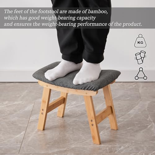 Kitsanery Foot Stool,Ottoman,Bamboo Small Sofa Foot Rest Under Desk,Extra Seating for Living Room, Bedroom and Kitchen (Natural Stool Legs - Gray Surface)