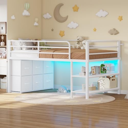 Low Loft Bed Twin Size with 6 Storage Drawers, LED Lights Loft Bed