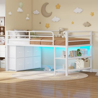 Low Loft Bed Twin Size with 6 Storage Drawers, LED Lights Loft Bed