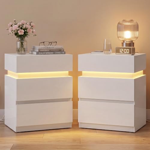 VASAGLE LED Nightstand with Charging Station, Set of 2, 3 Drawers