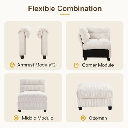 HAOMARKETS 115" Modular Sectional Sofa Couch with 3 Movable Ottoman, Oversized Corduroy L Shaped Couches with Rolled Arms, 10-Seater Corner Sofas with Reversible Chaises for Living Room, Beige