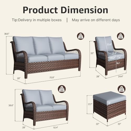 6 Piece Wicker Patio Furniture Set, Rattan Patio Chairs with High Back, Deep Seating, Wide Armrest, Thickened Cushions, Outdoor Furniture for Deck, Porch Use, Dark Grey