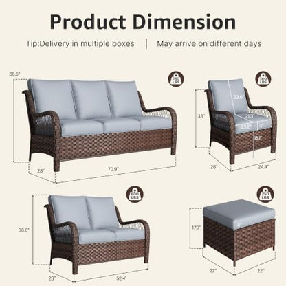 6 Piece Wicker Patio Furniture Set, Rattan Patio Chairs with High Back, Deep Seating, Wide Armrest, Thickened Cushions, Outdoor Furniture for Deck, Porch Use, Dark Grey