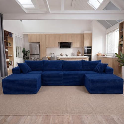 Claiks 132" Boneless Couch, U-Shape Corduroy Sectional Sofa, Blue