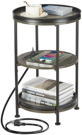 Dulcii Round Side Table with Charging Station, End Table with 3 Shelves for Living Room, Bedroom Nightstand with Steel Frame for Small Spaces, Industrial Round Sofa Table (USB+Grey)