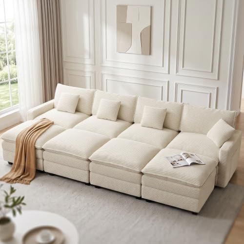 Oversized Cloud Couch Sectional, Deep Seat Modular Sofa with Ottoman, Beige