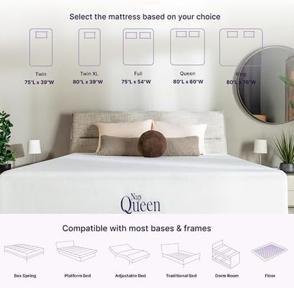 NapQueen 10 Inch Queen Size Mattress, Bamboo Charcoal Memory Foam Mattress, Bed in a Box, White