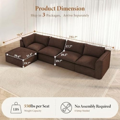 Vesgantti 142" Boneless Sectional Modular Couch,5 Seats Cloud Sofa, Brown