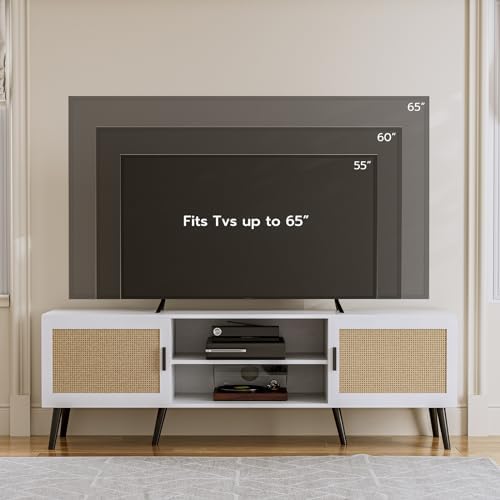 TV Stand with Rattan Doors for TVs up to 65", Mid-Century, White
