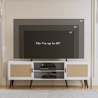 TV Stand with Rattan Doors for TVs up to 65", Mid-Century, White