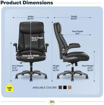 Serta Big and Tall Office Chair with Lumbar Support, Flip Arm Leather Chair