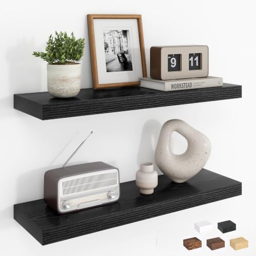 Dreamland 24Inch Floating Shelves for Wall, Rustic Wooden Black Floating Shelves for Bathroom|Bedroom|Kitchen, Deep Wall Mounted Book Shelf, Wood Storage Display Shelf for Home Decor, Set of 2