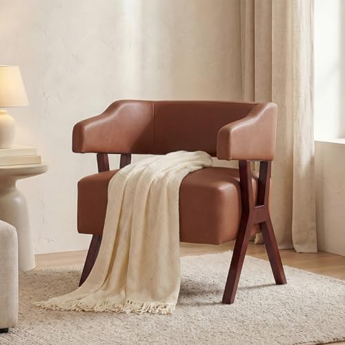 STHOUYN Faux Leather Barrel Accent Chair with Solid Wood Frame (Brown,1)