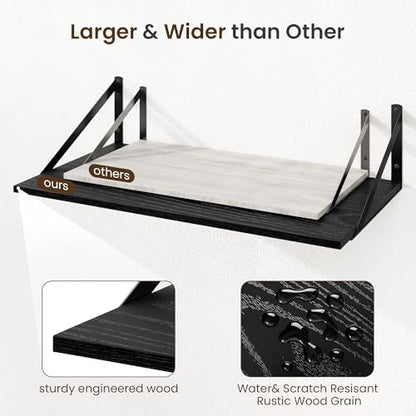 Floating Shelves for Wall, 12 Inch Deep Floating Shelves Set of 2, 24W x 12D Large Wall Shelf with Sturdy Metal Brackets for Living Room, Bathroom, Bedroom and Kitchen, Black