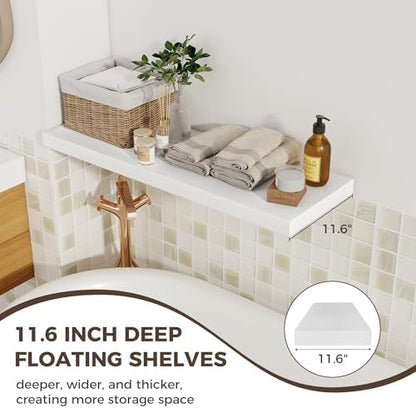 Deep Floating Shelves, 36" W x 12" D Wood Floating Shelves for Wall, 3 Pack Extra Deeper & Thicker Wall Mounted Storage Shelf for Living Room Laundry Room Kitchen Home Office, White