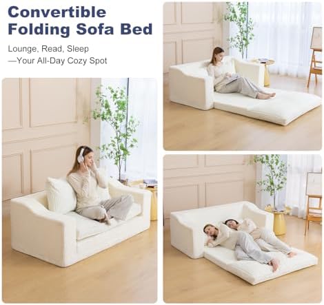 61" Boneless Loveseat Sleeper, Folding Sofa Bed with Corduroy Cover, Beige