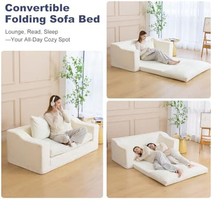 61" Boneless Loveseat Sleeper, Folding Sofa Bed with Corduroy Cover, Beige