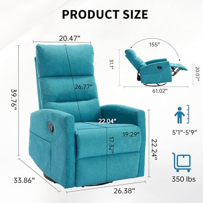 Luxlen 360° Swivel Rocking Chair for Nursery, Manual Glider Chair Nursing Chair with Side Pockets, Polyester Glider for Living Room, Heavy Duty Motion Mechanism, Blue