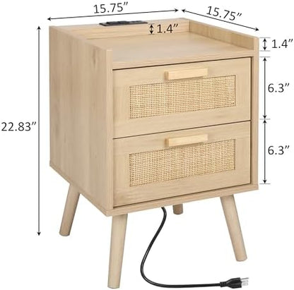 Finnhomy Nightstand with Charging Station, Bedside Table with 2 Hand Made Rattan Decorated Drawers, Night Stand with Storage for Bedroom, Natural, Set of 2