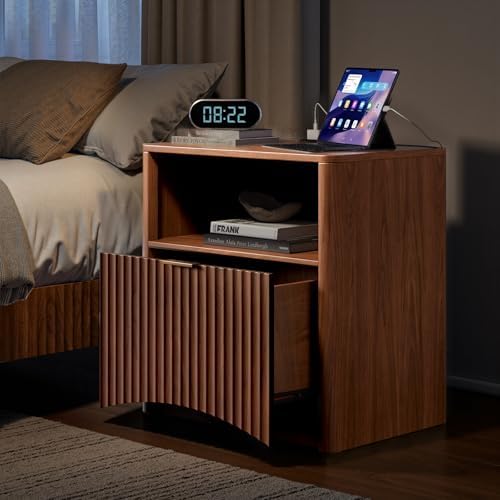 Evermagin Fluted Nightstand Set of 2 with Charging Station, Walnut