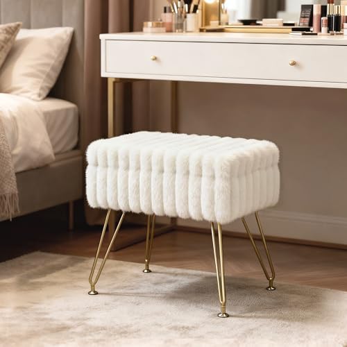Vanity Stool Chair with Storage, Faux Fur Soft Padded Ottoman with Coffee Table, Modern Vanity Chair Fluffy Footstool with Metal Legs for Makeup, Living Room, Bedroom White