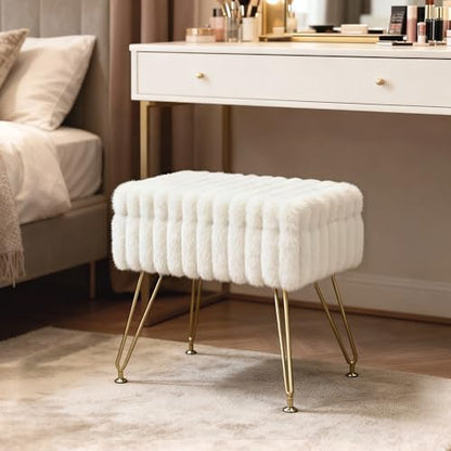 Vanity Stool Chair with Storage, Faux Fur Soft Padded Ottoman with Coffee Table, Modern Vanity Chair Fluffy Footstool with Metal Legs for Makeup, Living Room, Bedroom White