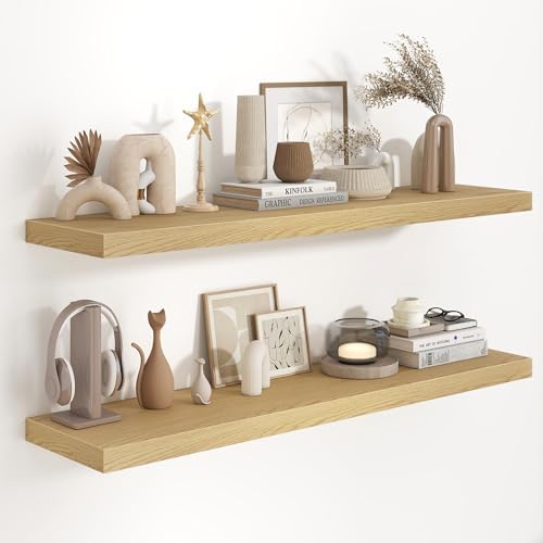 48 Inch Floating Shelves, 9.3 Inch Deep Wall Shelves for Bathroom, Living Room, Bedroom, Kitchen, Deep Long Shelf Wall Mounted 2 Pack Shelf for Books, Decor, Oak