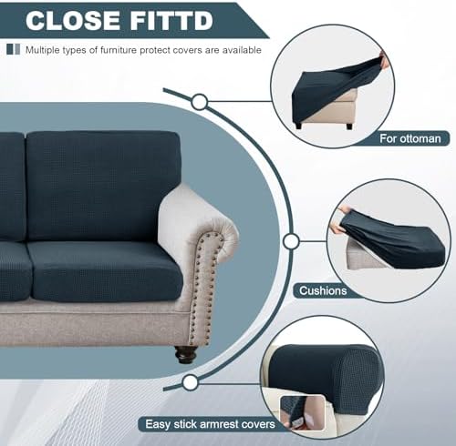 Seat Cushion Cover and Back Covers for Corner Sofa Stretch Jacquard, Non Slip L Shaped Sofa Slipcover with Storage Ottoman, Sectional Couch Cover for Chaise Lounge (Denim blue,Corner seat cover)