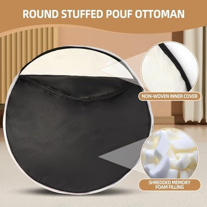 Round Stuffed Pouf Ottoman Foot Rest for Couch Round Ottoman with Foam Chunk Filling Stripe Faux Fur Ottomans for Living Room Floor (26"x18",Light Grey)