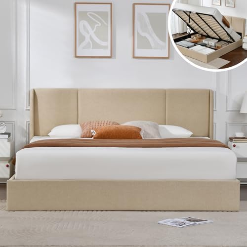 VELOCAVA King Lift Up Storage Bed Frame, Linen-Look Upholstered Bed with Modern Wingback Headboard, Hydraulic Lift Storage, Wood Slat Support, No Box Spring Needed, Beige