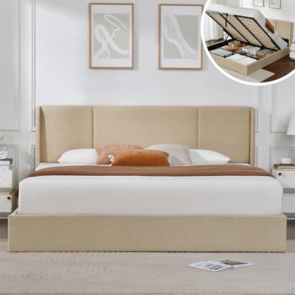 VELOCAVA King Lift Up Storage Bed Frame, Linen-Look Upholstered Bed with Modern Wingback Headboard, Hydraulic Lift Storage, Wood Slat Support, No Box Spring Needed, Beige