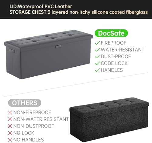 DocSafe Storage Ottoman Bench, Fireproof＆Waterproof Folding Bench with Lock(15”x 43”x15”), Leather Storage Chest with Handles＆2 Extra Boxes, Ottoman Safe for Bedroom,Living Room,Home Office, Gray