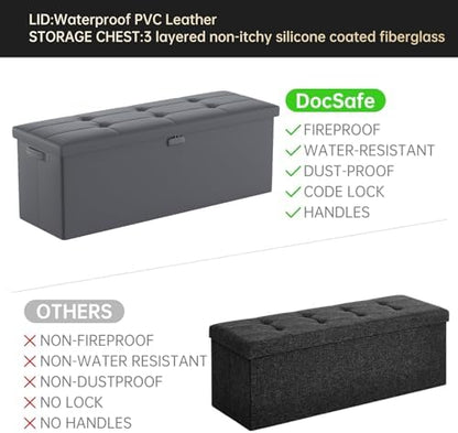 DocSafe Storage Ottoman Bench, Fireproof＆Waterproof Folding Bench with Lock(15”x 43”x15”), Leather Storage Chest with Handles＆2 Extra Boxes, Ottoman Safe for Bedroom,Living Room,Home Office, Gray