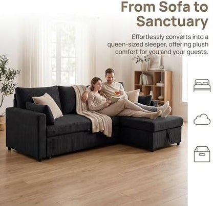 Queen Sleeper Sofa, Convertible Sofa Bed with Storage, 85 Inch Sectional Couch with Pull Out Bed, L Shaped 3 Seat Sectional Sleeper Sofa for Living Room, Apartment, Black
