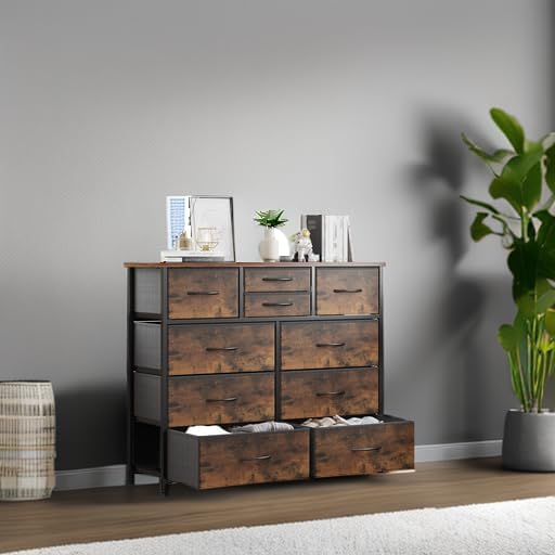 LUMTOK 10-Drawer Dresser, Fabric Storage Tower with Drawers for Bedroom, Dresser Drawer with Handle for Bedroom, Living Room, Hallway, Closets & Nurseryteel Frame, Wood Top (10 Drawer/Rustic Brown)
