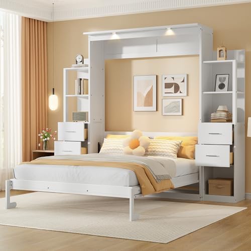 PVWIIK Queen Size Murphy Bed, Vertical Wall Bed Frame with 4 Drawers, LED Light, Shelf & Foldable Platform, White for Small Space Bedroom Guest Room