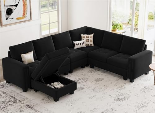 Belffin Modular Sectional Sofa Couch 7-Seater Convertible Sectional Sofa Velvet Modular Sectional with Storage Ottoman L Shaped Couch with Chaises Black