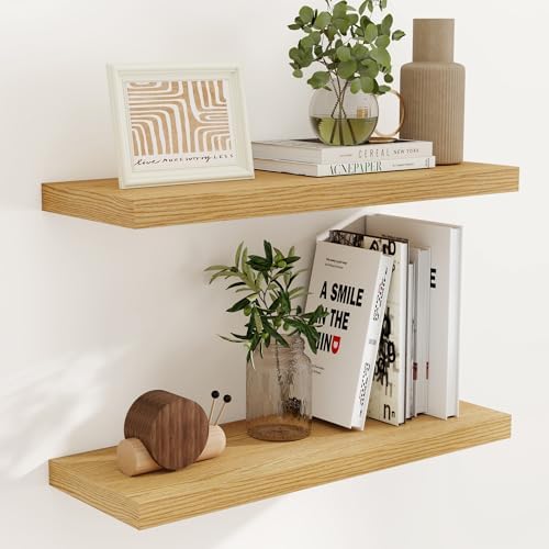 32" W x 9.3" D Floating Shelves, Rustic Wood Deep Shelves for Bedroom, Kitchen, Living Room, Long Floating Shelf for Wall, Storage Display Wall Shelf for Books Decor, Oak