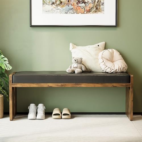Upholstered Dining Bench with PU Leather Seat, Brown/Black